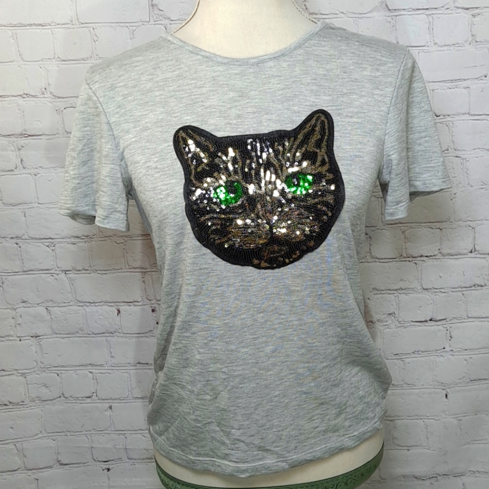 Melissa Masse Grey Sequin Cat Short Sleeve Tee